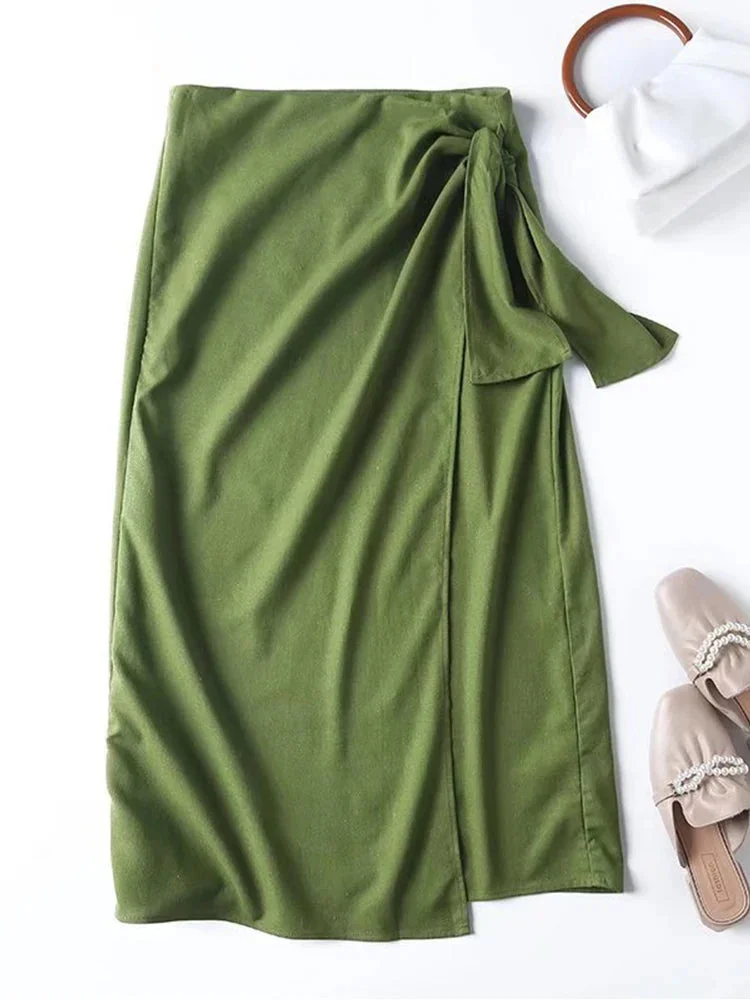 Tlbang 2024 New Women Green Linen Cotton Wrap Midi Skirt Vintage Ladies High Waist Summer Faldas Mujer