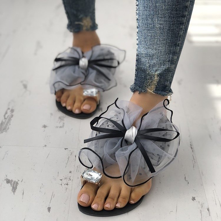 Cute Bow Toe Loop Sandals Summer Women's Slide Sandals in Black |FSJ Shoes