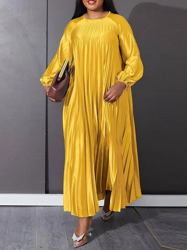 Elasticity Pleated Solid Color A-Line Long Sleeves Round-Neck Maxi Dresses