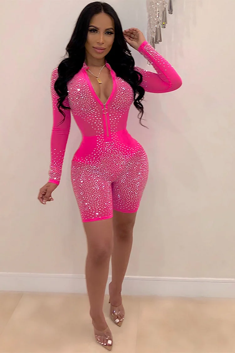 V Neck Rhinestones Mesh Long Sleeve Jumpsuit