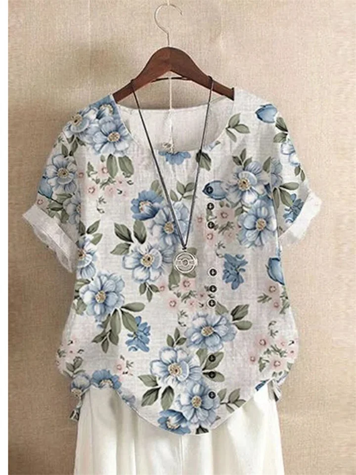 Women's Shirt Blouse White Light Green Royal Blue Floral Print Short Sleeve Casual Holiday Basic Round Neck Regular Floral S-JRSEE