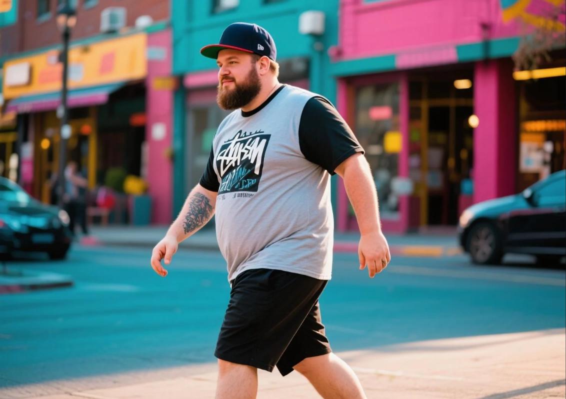 A big and tall man has a walk in basketball caps