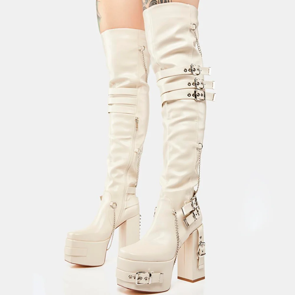 White  Over Knee Boots Buckle Zipper Decor Long Boots Nicepairs