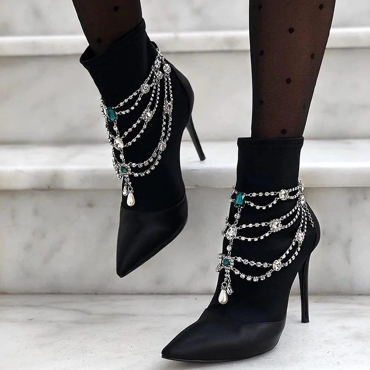 Black Satin Booties Faux Crystal Chain Stiletto Heel Ankle Boots |FSJ Shoes