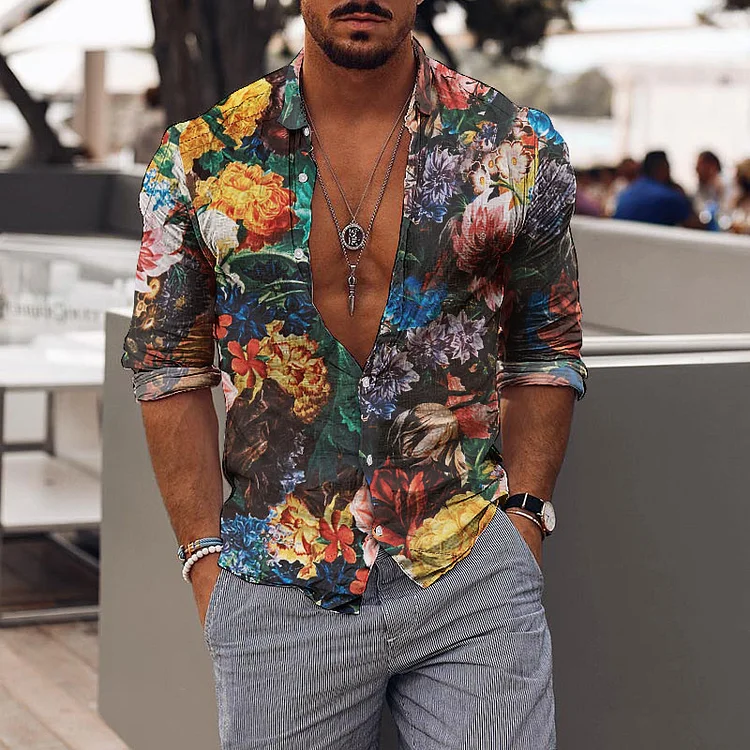 Mens Holiday Floral Print Casual Shirt