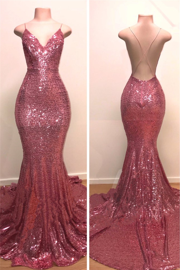 Bellasprom V-Neck Prom Dress Mermaid Sequins Evening Gowns Spaghetti-Straps Bellasprom