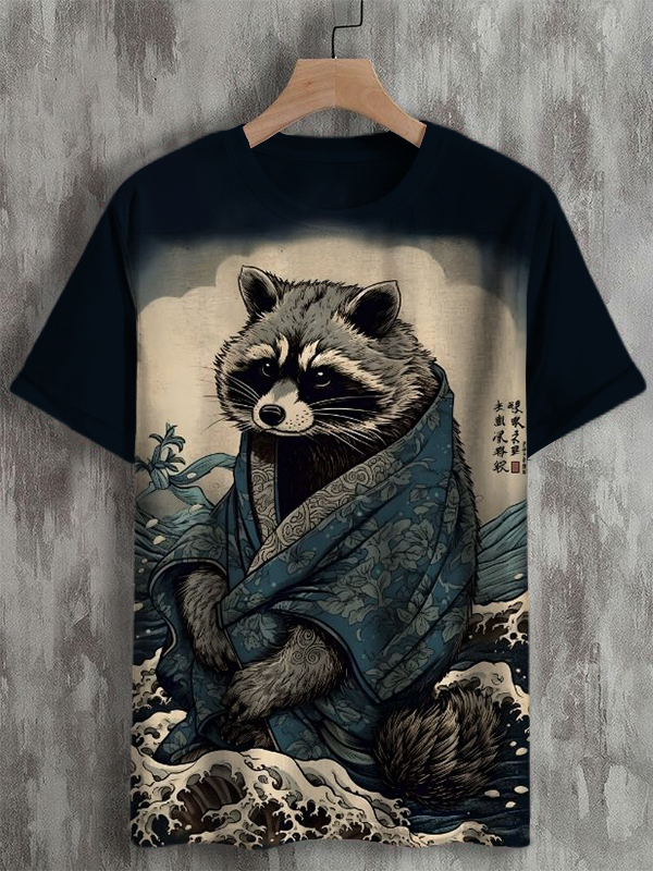 Men's Raccoon Rough Sea Waves Japanese Art Printed T-Shirt
