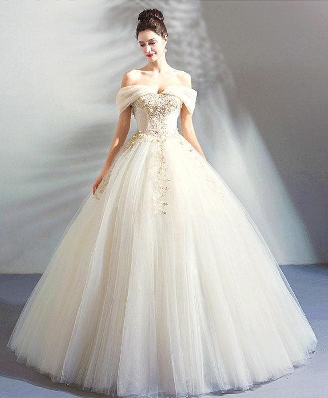 White Tulle Off Shoulder Long Prom Dress, Evening Dress