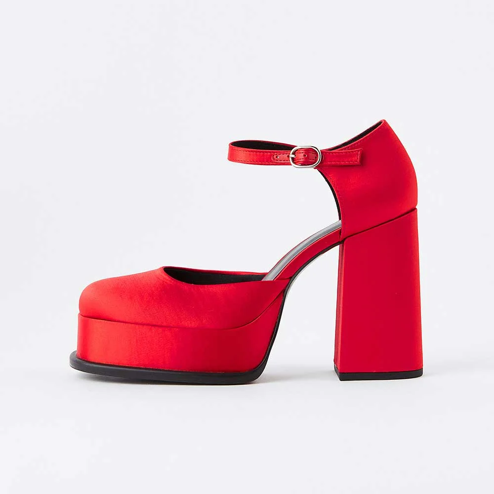 Red Square Toe Satin Ankle Strappy Platform Mary Janes with Chunky Heel Nicepairs