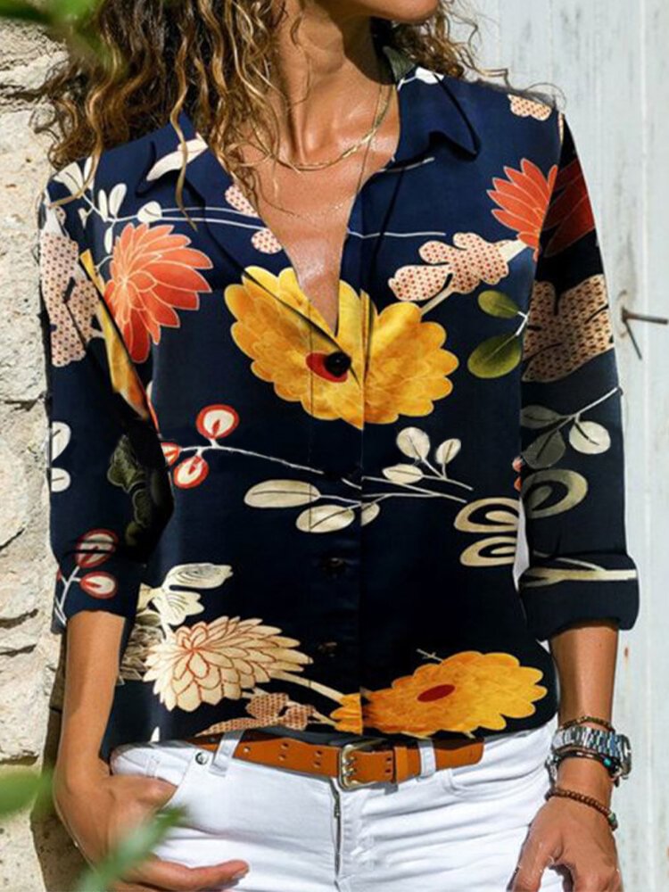 Vintage Floral Print Button Long Sleeve Lapel Collar Blouse P1769619