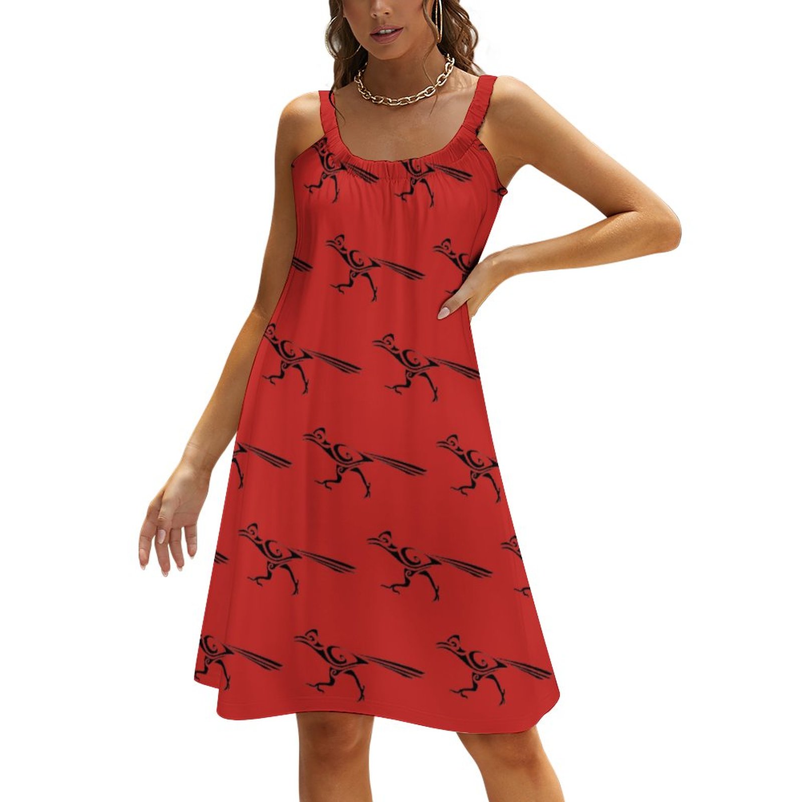 Tribal Roadrunner Pattern Summer Hawaiian Beach Retro Dresses Casual Sling Sleeveless Printed Knee Length Dress Red-S