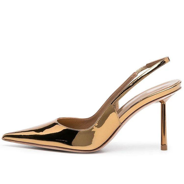Classic Metallic Gold Pointy Toe Slingback Pumps with Stiletto Heel |FSJ Shoes