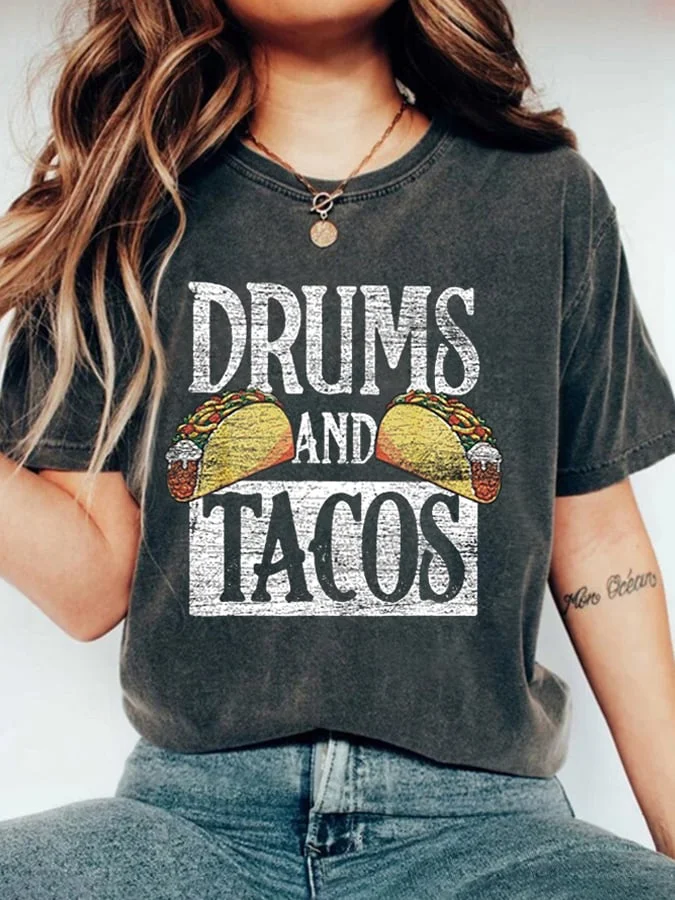 Retro Cinco De Mayo Drums And Tacos Print T-Shirt