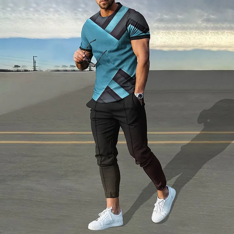 Blue Gray Color Matching T-Shirt And Pants