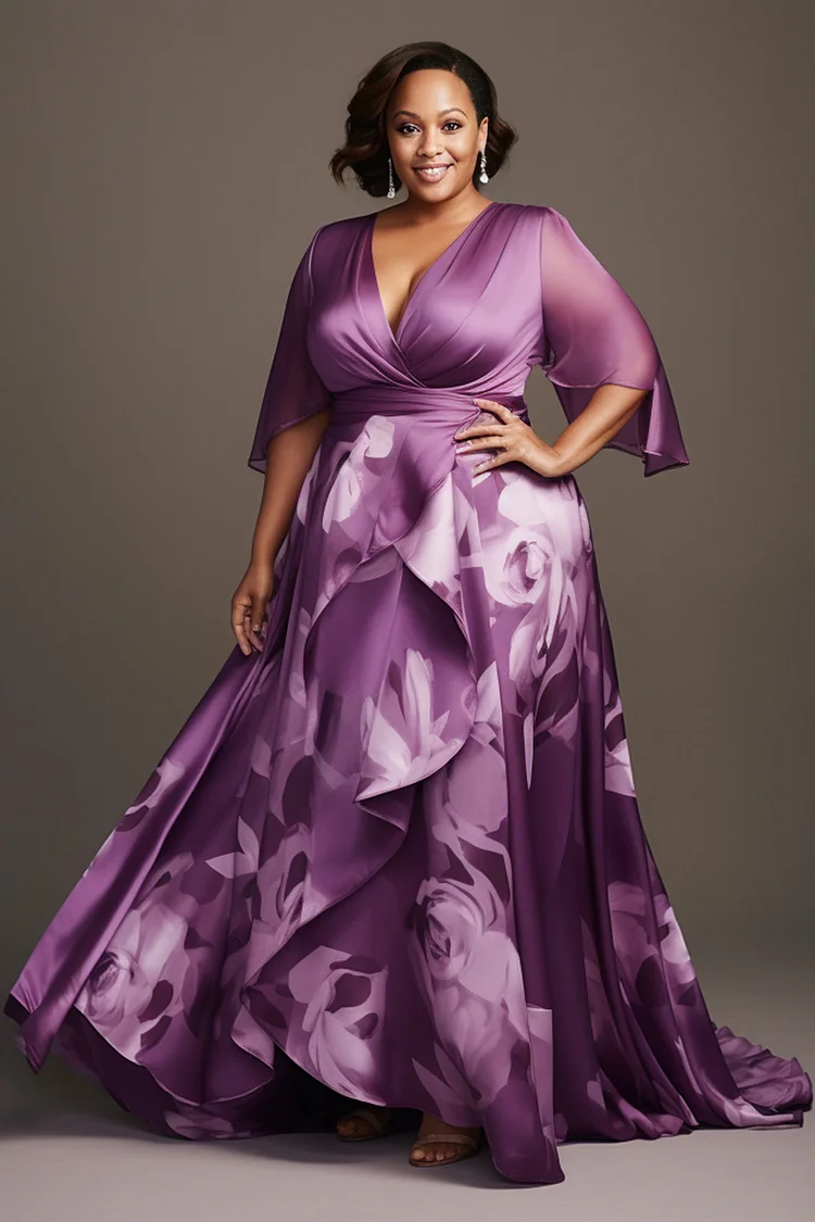 Xpluswear Design Plus Size Mother Of The Bride Elegant Purple Floral Wrap Neck Flare Half Sleeve Maxi Dresses
