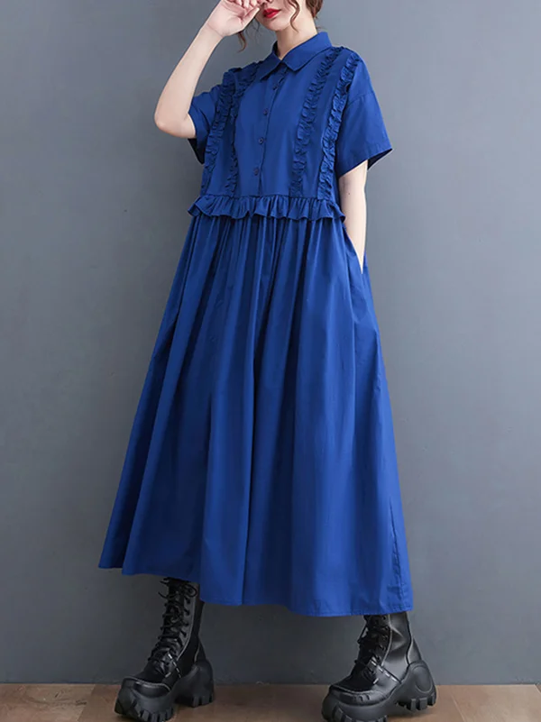 Simple Short Sleeves Loose Buttoned Falbala Split-Joint Solid Color Midi Shirt Dress