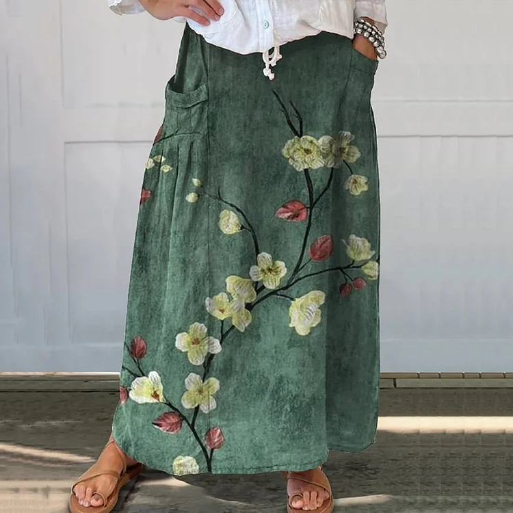 Comstylish Japanese Art Cherry Blossom Print Loose Skirt