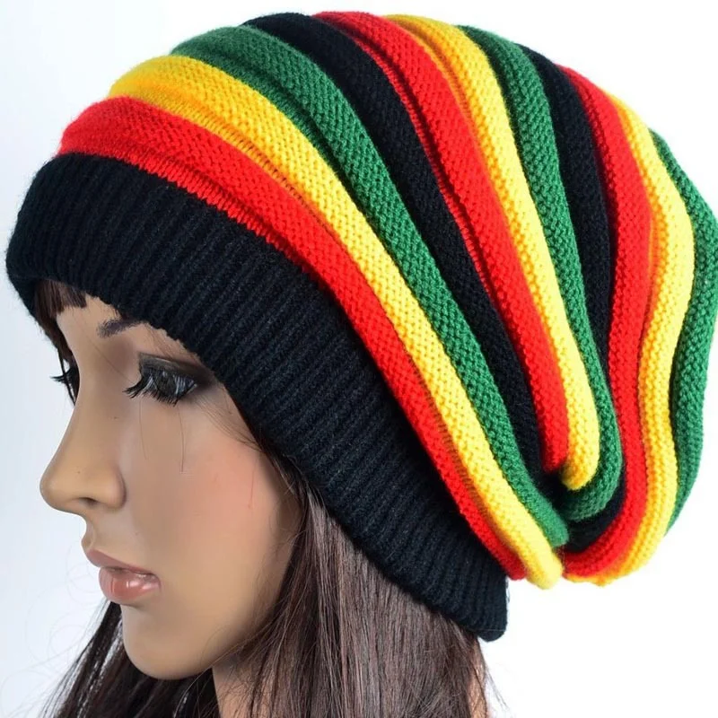 Jamaican Beanie Color Stripe Long Rainbow Knitted Pullover Hat