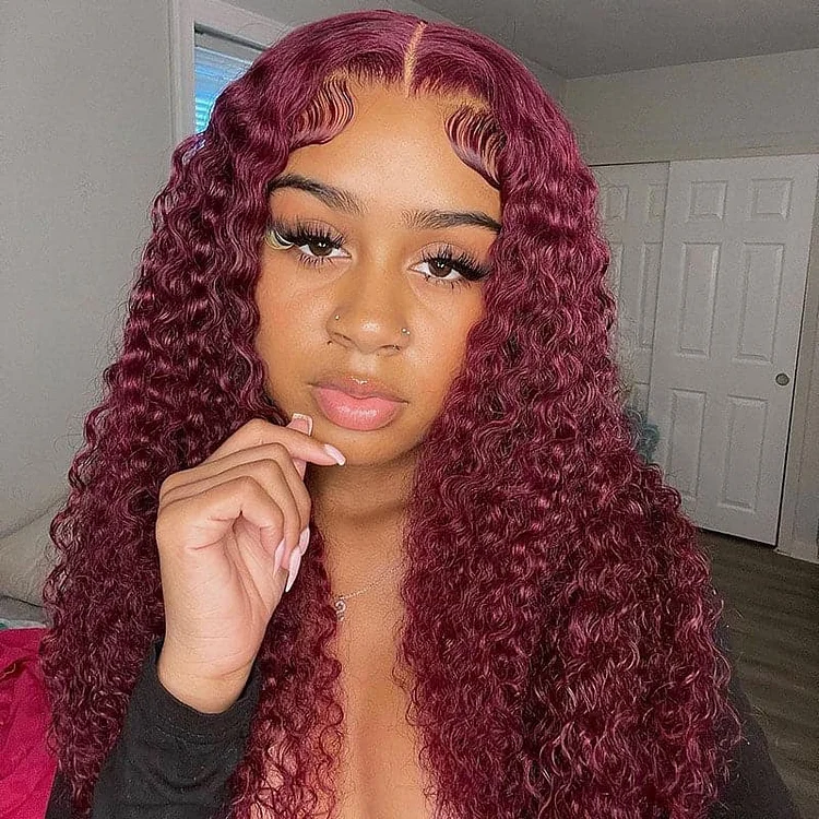99j Burgundy 13x4 Lace Front Wig Transparent Lace Wig Deep Curly Human Hair Wigs