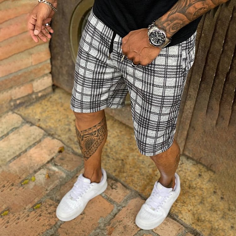 Men's Check Stripe Textured Print Casual Shorts