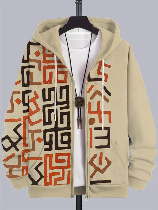 Men's African Traditional Patterns Print Casual Zip Up Hooded Jacket
