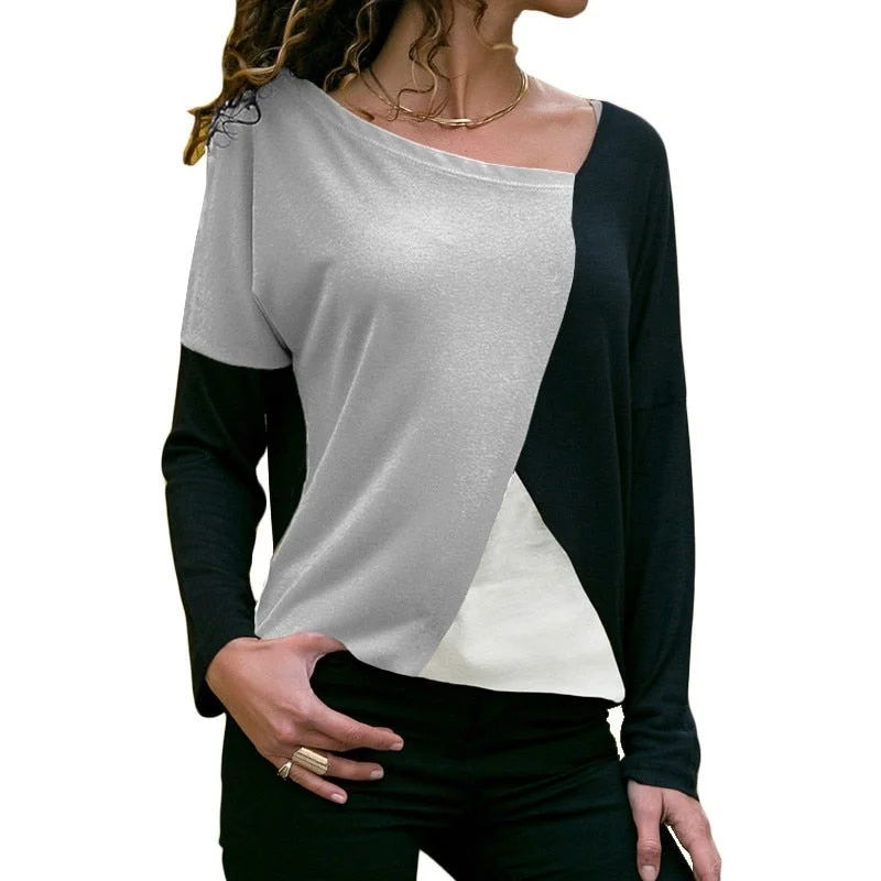 Women Patchwork Long Sleeve Tee Shirt 2019 Autumn Casual Pullover Loose T-Shirt
