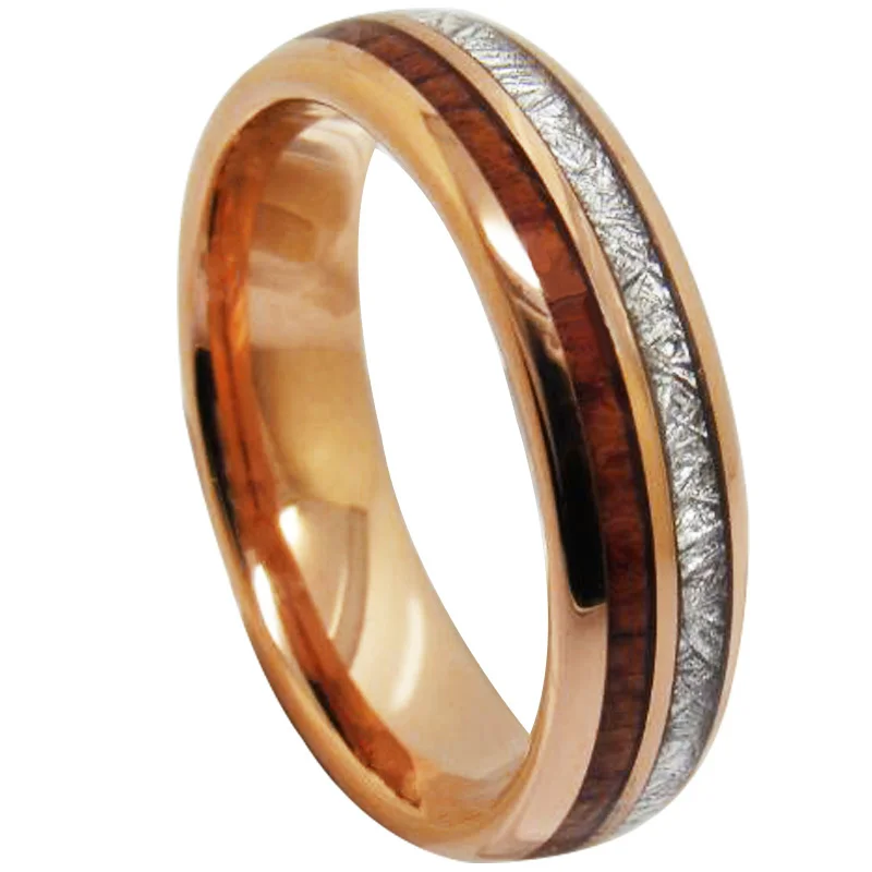 Full Arc Electric Rose Gold Tungsten Wedding Ring Inlaid Mahogany And Silver Thread ,Tungsten Carbide Ring With Mens And Womens Rings For 6MM 8MM
