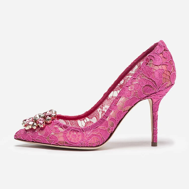 Lace Pointed Toe Bridal Stiletto Heels Floral Rhinestone Pink Pumps |FSJ Shoes