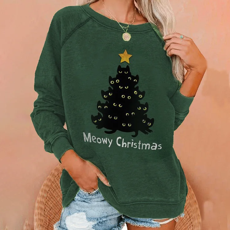 Vefave Casual Cat Print Long Sleeve Sweatshirt