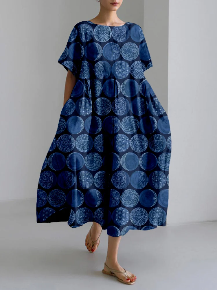 Comstylish Sashiko Moon Phases Japanese Art Linen Blend Maxi Dress