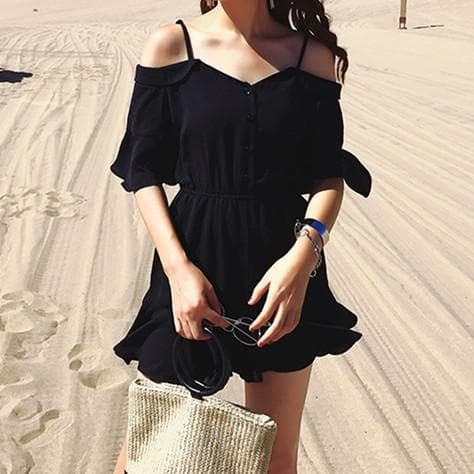 Black Off-Shoulder Overalls Shorts SP1710272