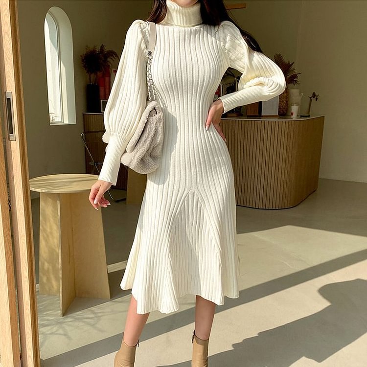 Puff-Sleeve Turtleneck Midi A-Line Sweater Dress YP4221