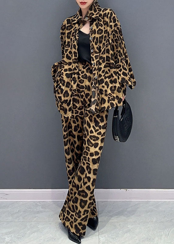 Leopard Collared Neck Top and Pants Set main image 1