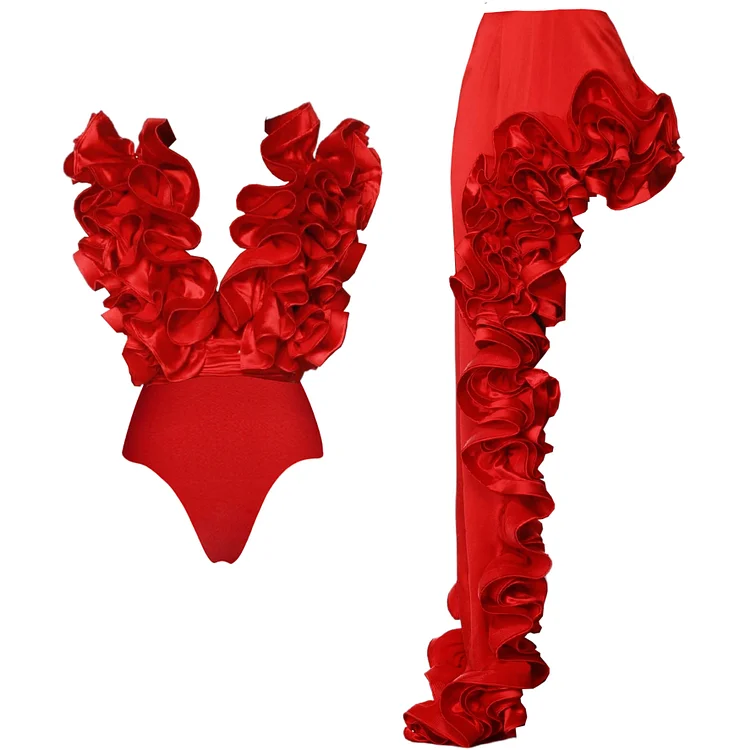 Red Flower Frilled One Piece Swimsuit and  Skirt