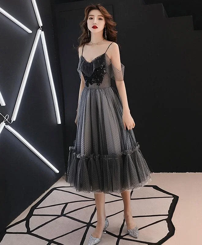 Gray V Neck Tulle Short Prom Dress, Gray Tulle Evening Dress