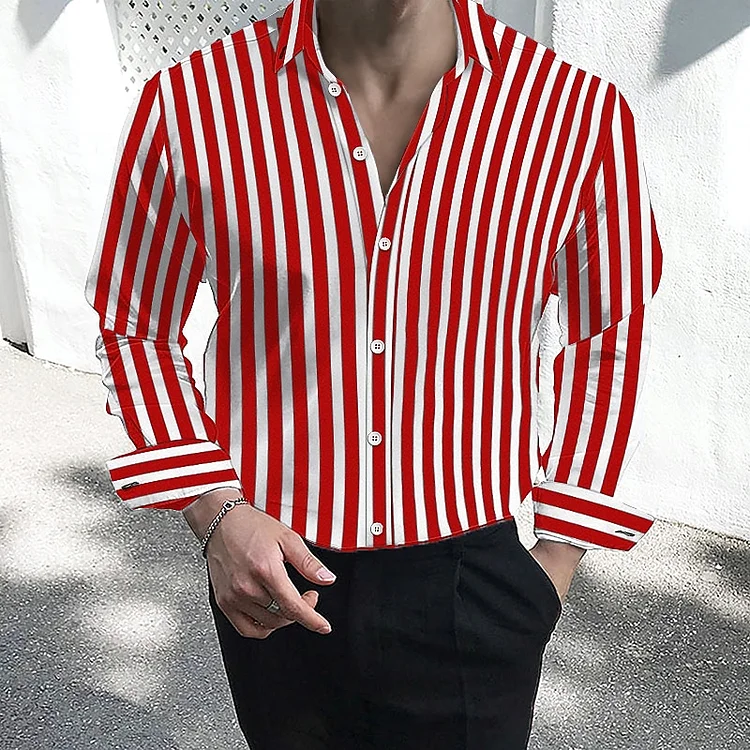 Men's Casual Striped Single Breasted Long Sleeve Shirts