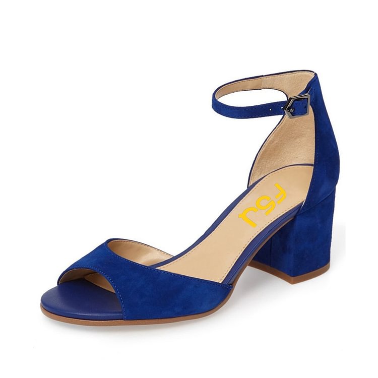 Navy Ankle Strap Sandals Suede Peep Toe Block Heels |FSJ Shoes