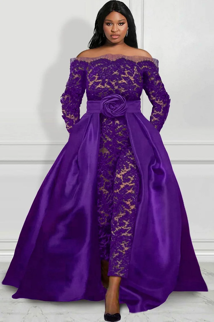 Xpluswear Design Plus Size Formal Jumpsuits Purple   Off The Shoulder Long Sleeve See Through Pocket Lace Jumpsuits