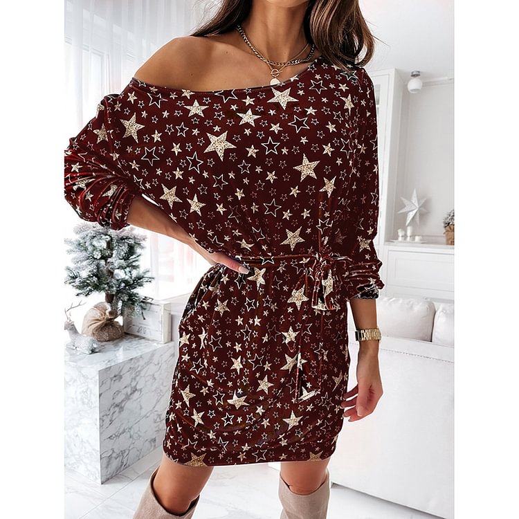 Christmas Casual Print Star Tie Dress