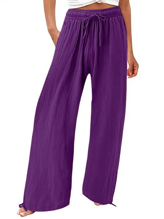 Summer Casual Loose Beach Pants Women's Wide Leg Pure Color Rope Detailing Long Trousers Comfortable Loose Fit Beachwear