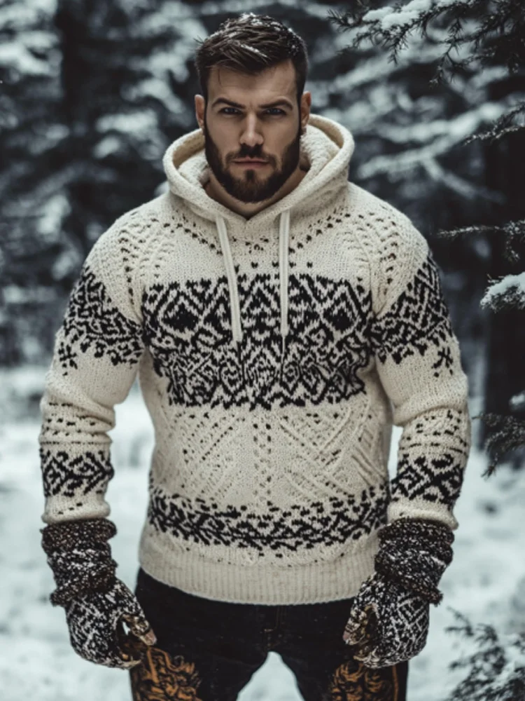 Men's Retro Viking Tribal Celtic Contrast Patchwork Chunky Hooded Sweater