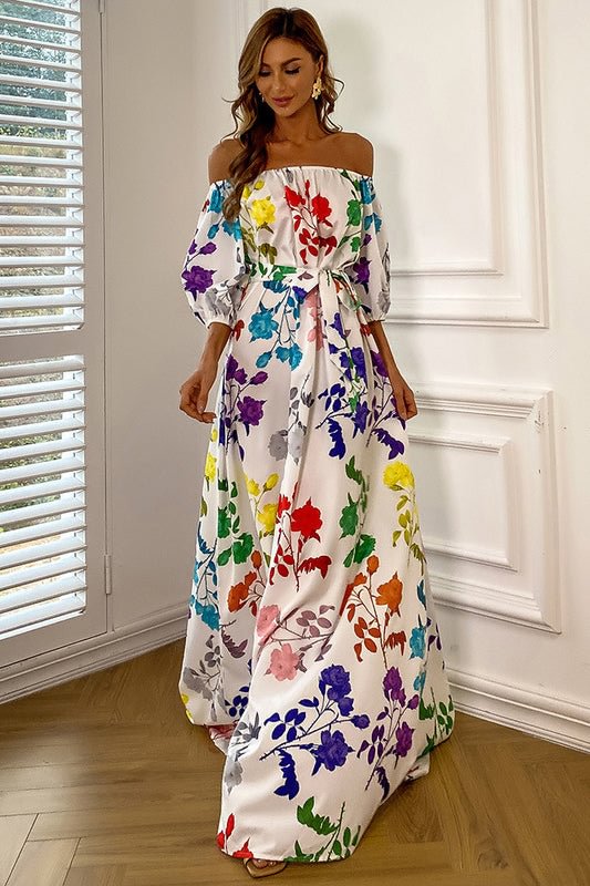 Long Print A-Line Off-the-Shoulder Maxi Prom Dress - Life is Beautiful for You - SheChoic