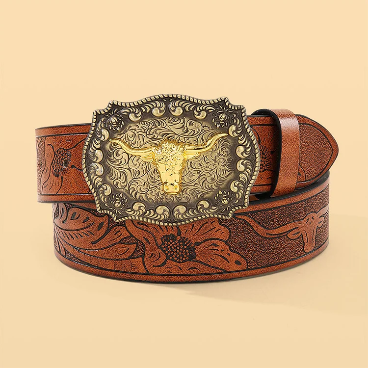 Retro Western Cow Head Print Leather Belt