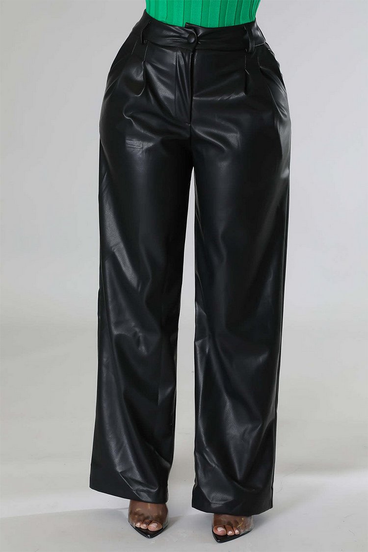 PU Leather Straight Leg Solid Color Pants-Green