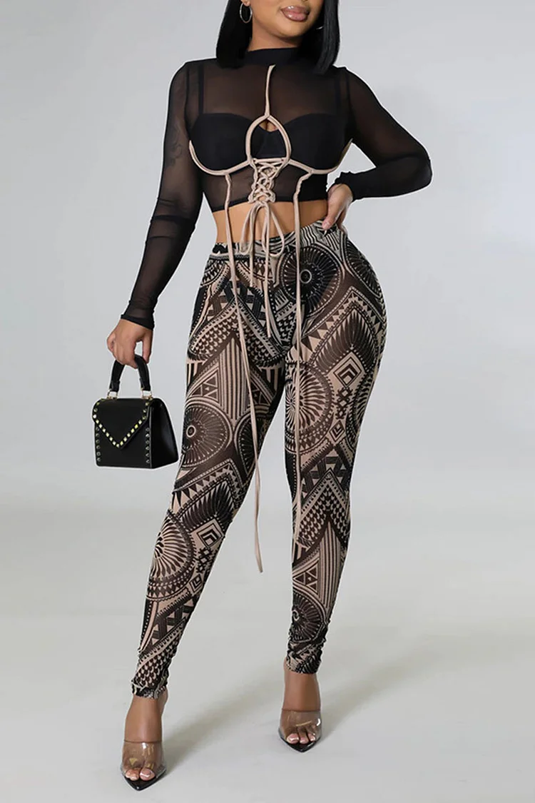 Black Sexy Print Bandage Hollowed Out Split Joint O Neck Long Sleeve Two Pieces