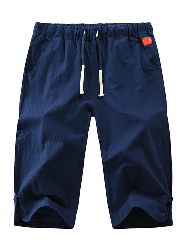 Summer New Men's Casual Solid Color Plus Size Seven-minute Pants Cotton Linen Tie Leg Buckle Casual Men's Pants-JRSEE