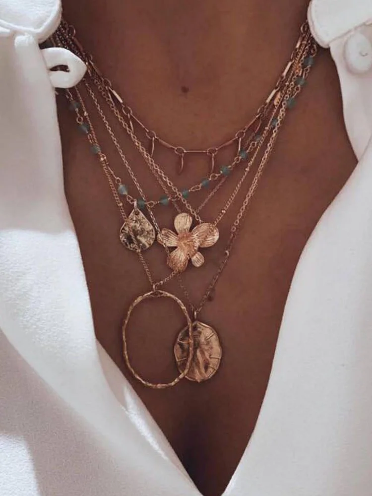 Flower and metal plate blue beads multilayer necklace socialshop