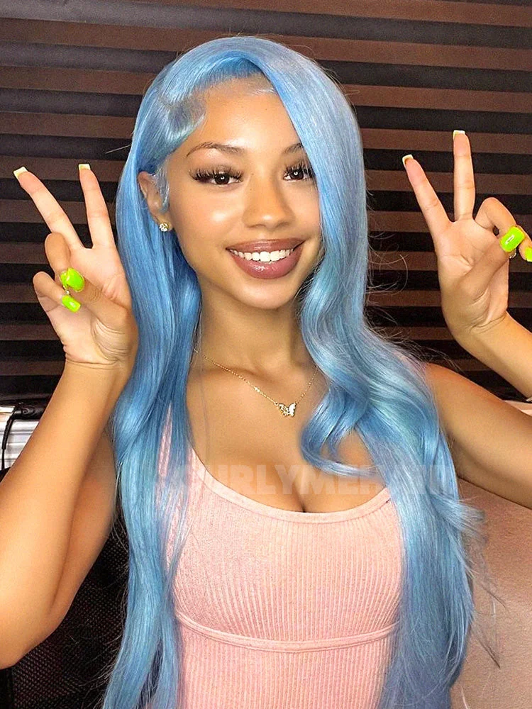 Hot Color Lake Brilliant Blue Straight Hair 13x4 Lace Front Wigs