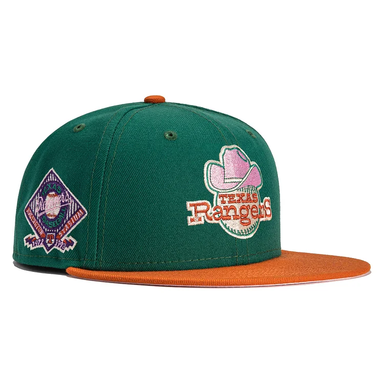 Exclusive New Era 59Fifty Cactus Fruit Texas Rangers Arlington Stadium Patch Hat- Green, Burnt Orange QueenFunky