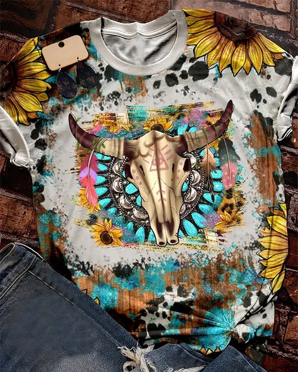 Western Sunflower Horns Turquoise Leopard Bleached Print T-shirt